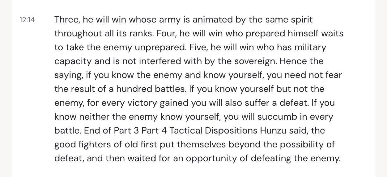 Mastershot's transcript of the same passage of the 57-minute recording, with "for every victory gained you will also suffer a defeat" written once
