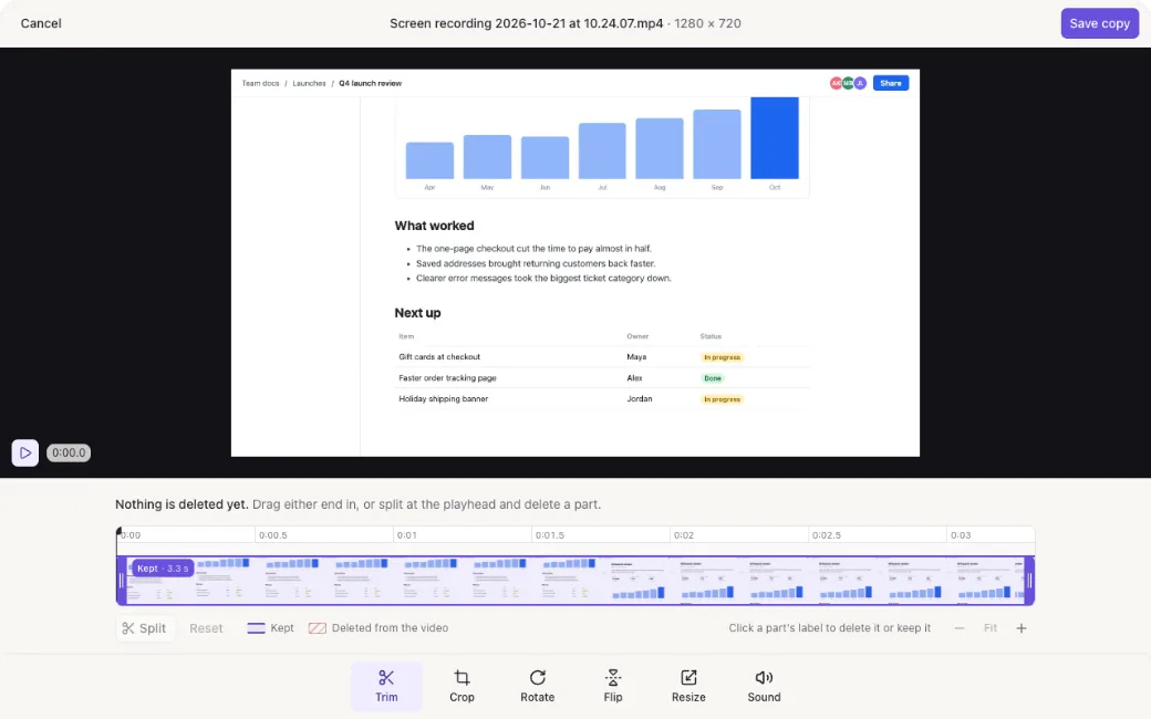 The editor on the recordings page, with a recording on a timeline and Trim, Crop, Rotate, Flip, Resize and Sound below it