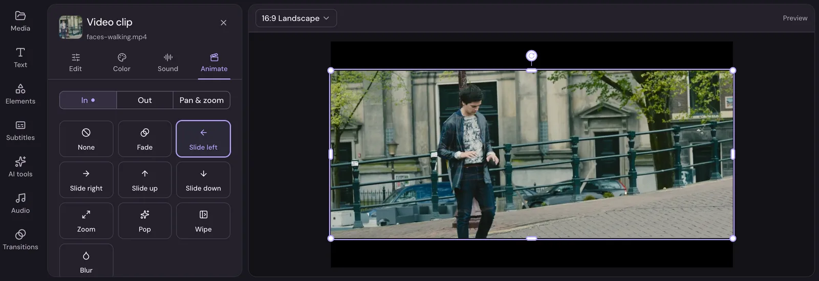 The Animate tab of a clip with In chosen, showing tiles for None, Fade, Slide left, Slide right, Slide up, Slide down, Zoom, Pop, Wipe and Blur