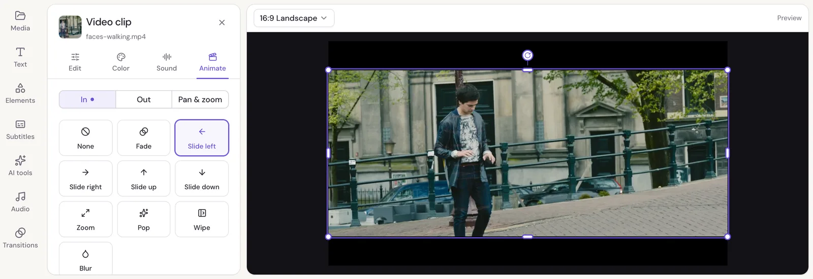 The Animate tab of a clip with In chosen, showing tiles for None, Fade, Slide left, Slide right, Slide up, Slide down, Zoom, Pop, Wipe and Blur