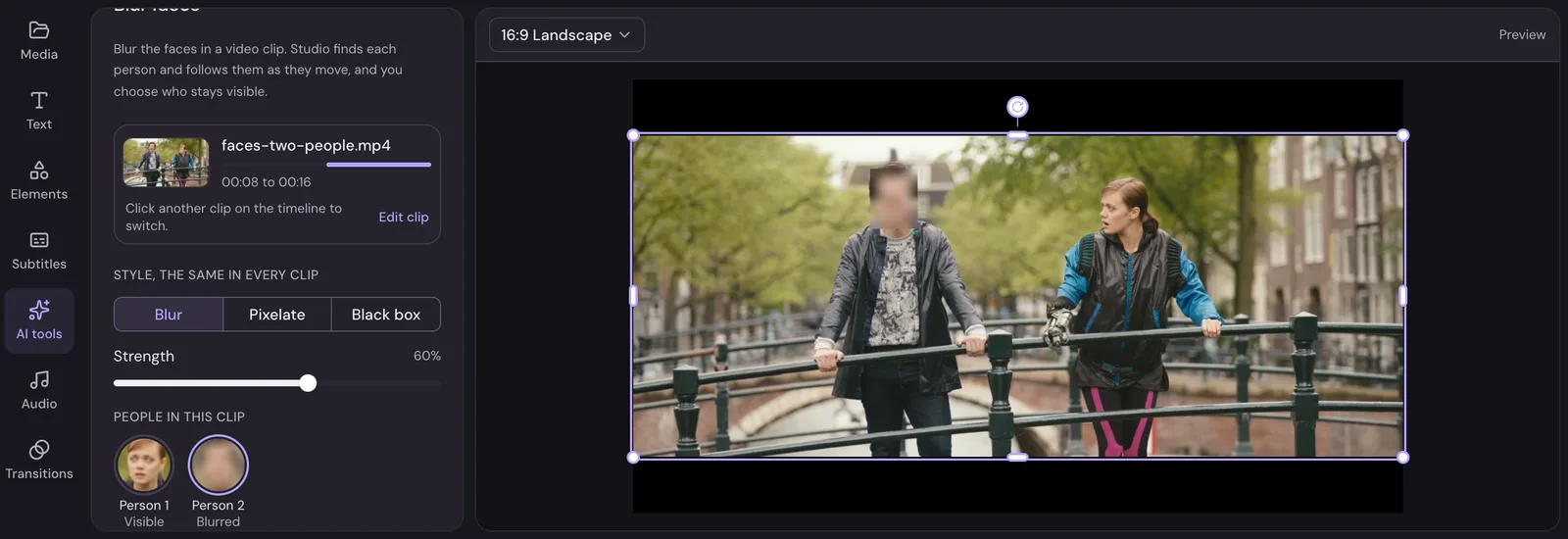 Two people on a bridge with one face blurred, and Blur faces' settings listing the people found in the clip