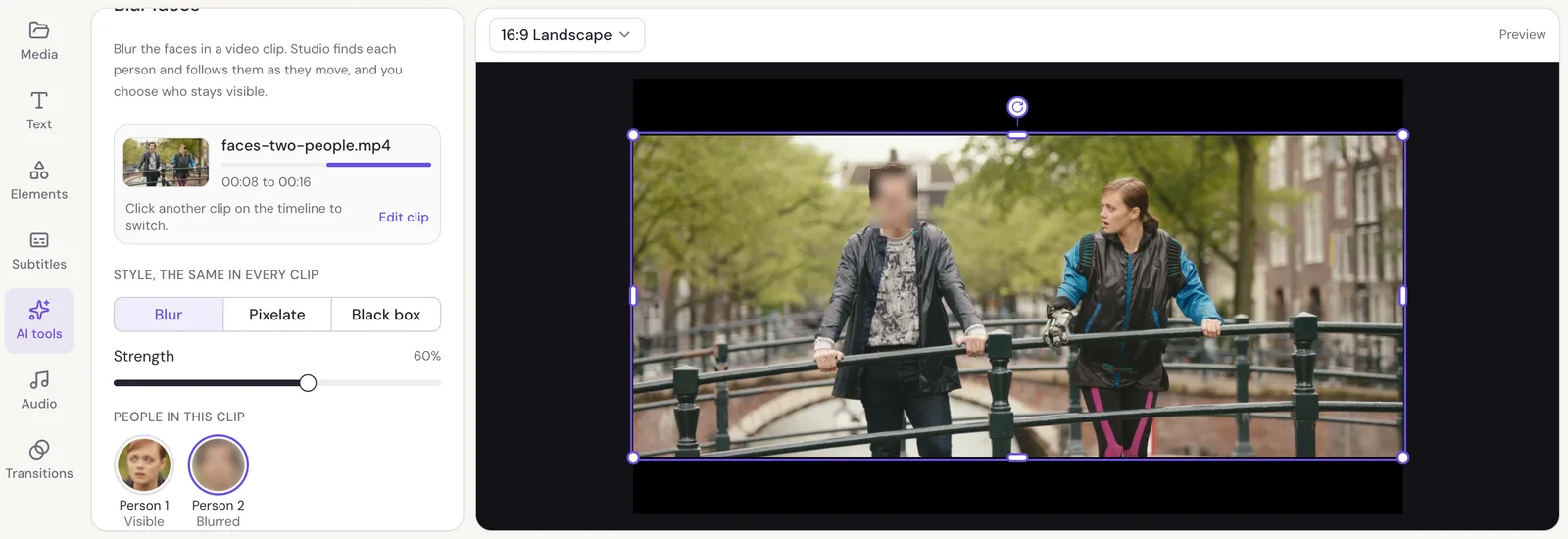 Two people on a bridge with one face blurred, and Blur faces' settings listing the people found in the clip