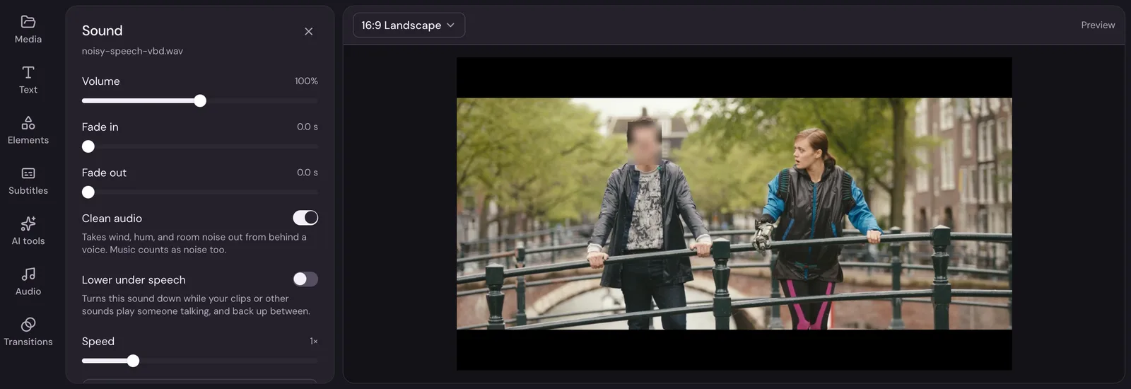 Clean audio's settings for a clip in Studio