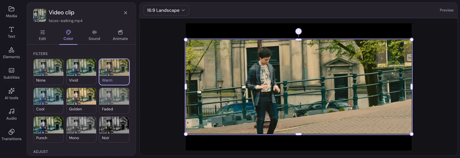 The Color tab of a clip, with filter tiles showing the clip in each filter, and sliders for exposure, brightness, contrast, saturation and temperature