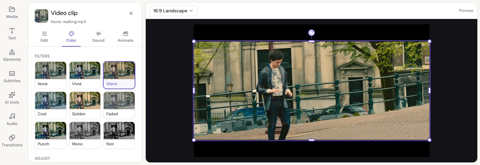 The Color tab of a clip, with filter tiles showing the clip in each filter, and sliders for exposure, brightness, contrast, saturation and temperature