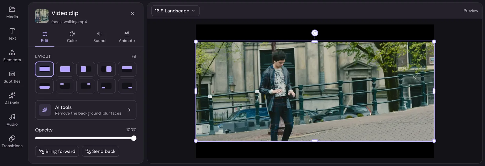A video clip selected in Studio, with its Edit tab open: layout choices, AI tools, opacity, bring forward and send back, speed, turn and crop, and angle