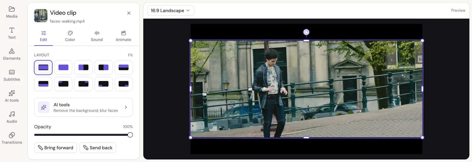 A video clip selected in Studio, with its Edit tab open: layout choices, AI tools, opacity, bring forward and send back, speed, turn and crop, and angle