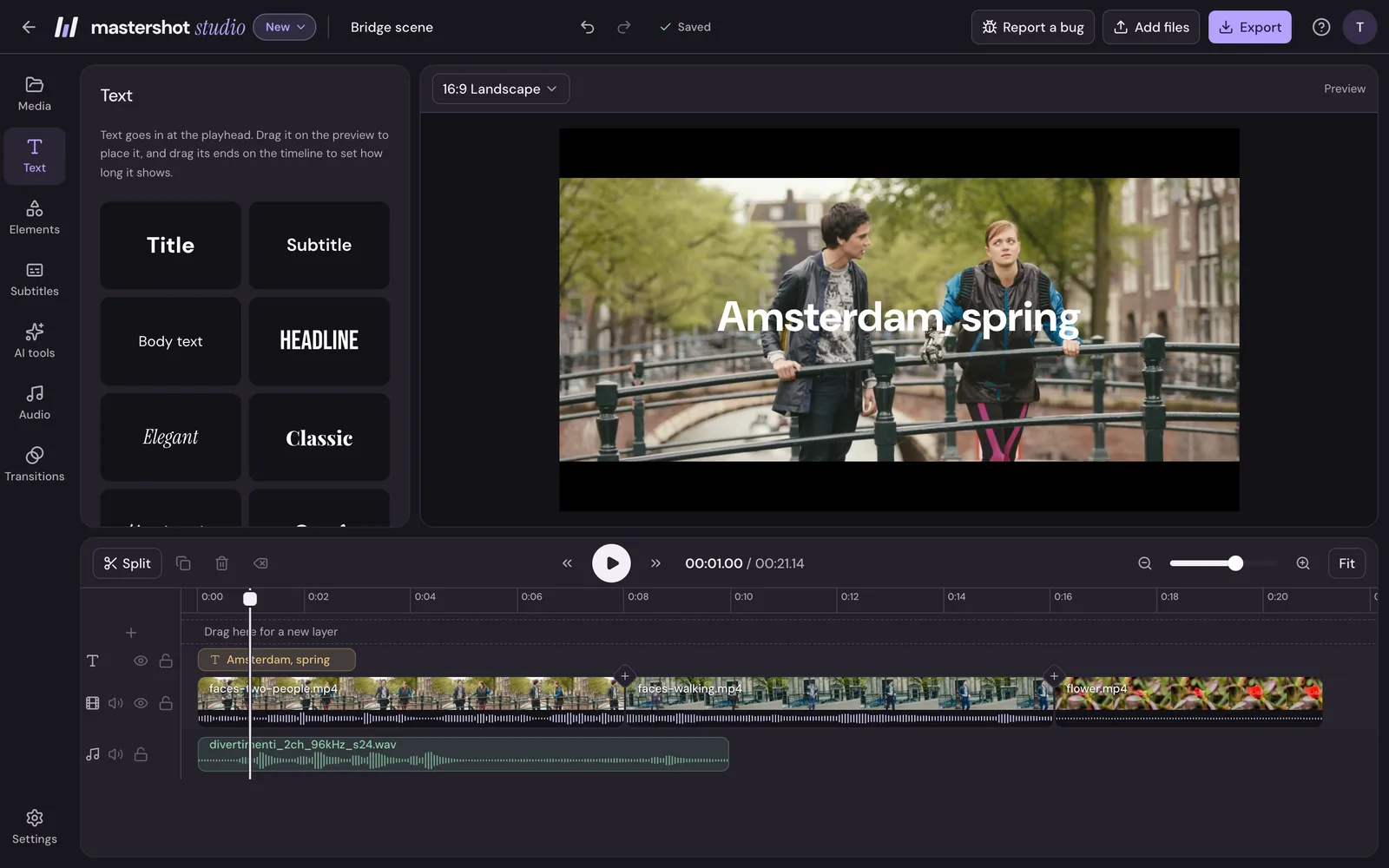 Studio with a project open: the menu down the left, the Media panel, the preview of a bridge scene with a title, and the timeline with three video clips, a title and music underneath