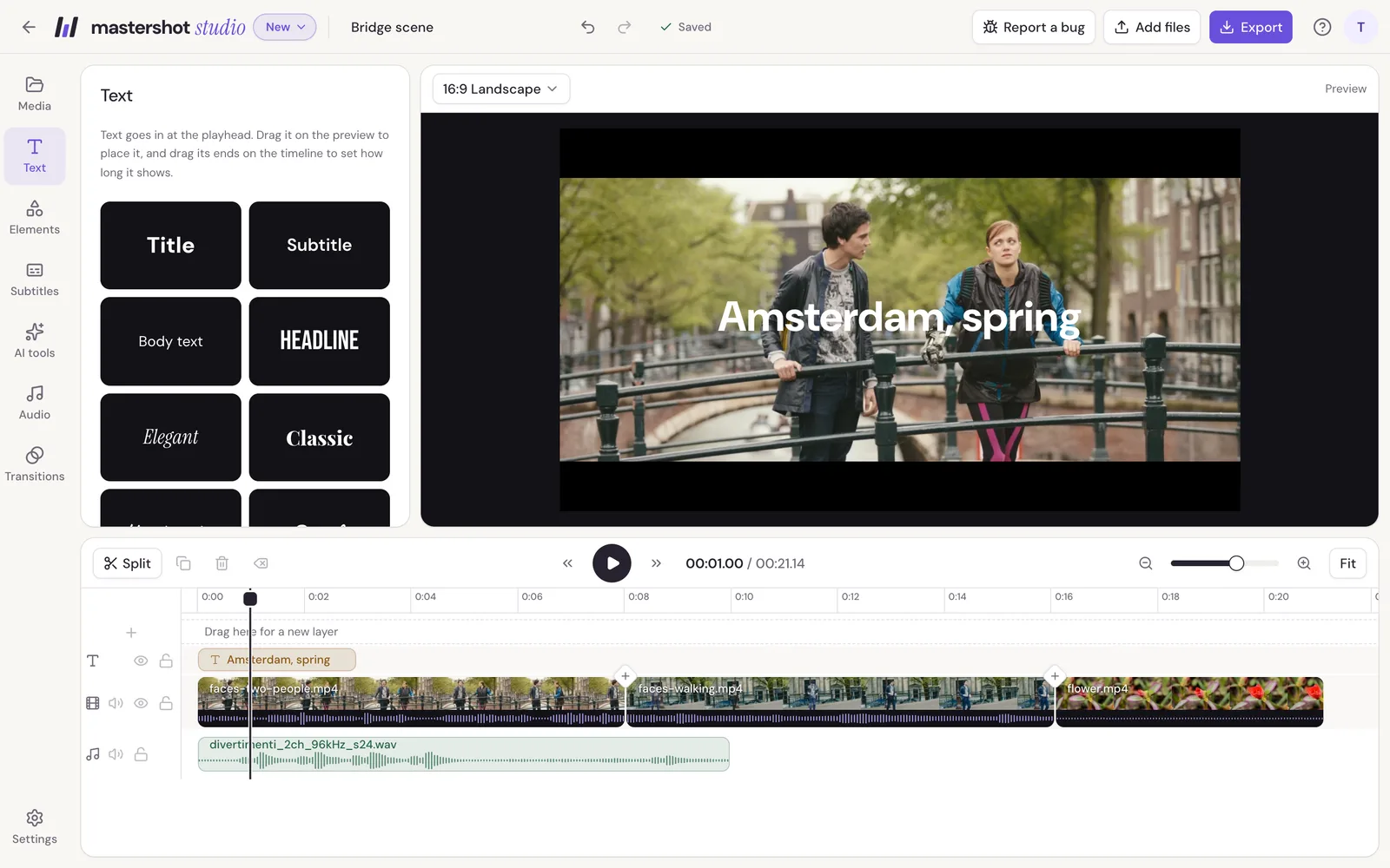 Studio with a project open: the menu down the left, the Media panel, the preview of a bridge scene with a title, and the timeline with three video clips, a title and music underneath