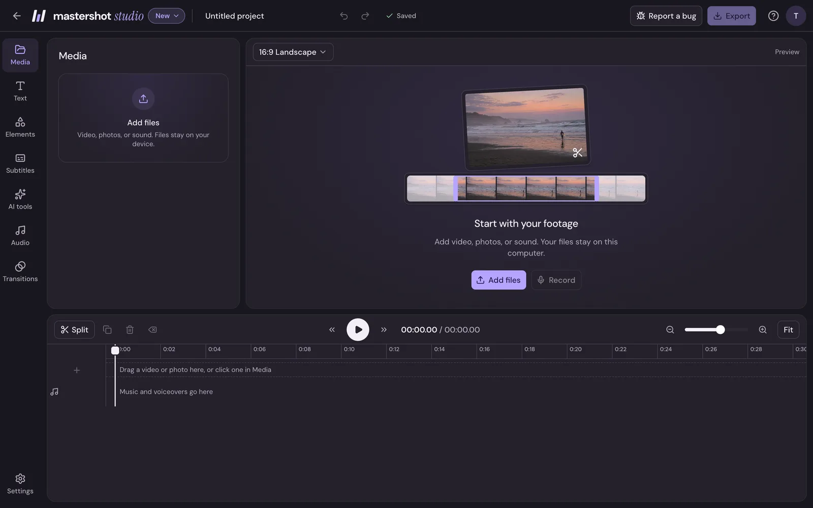 A new, empty project in Studio, asking for footage with an Add files button in the middle of the preview