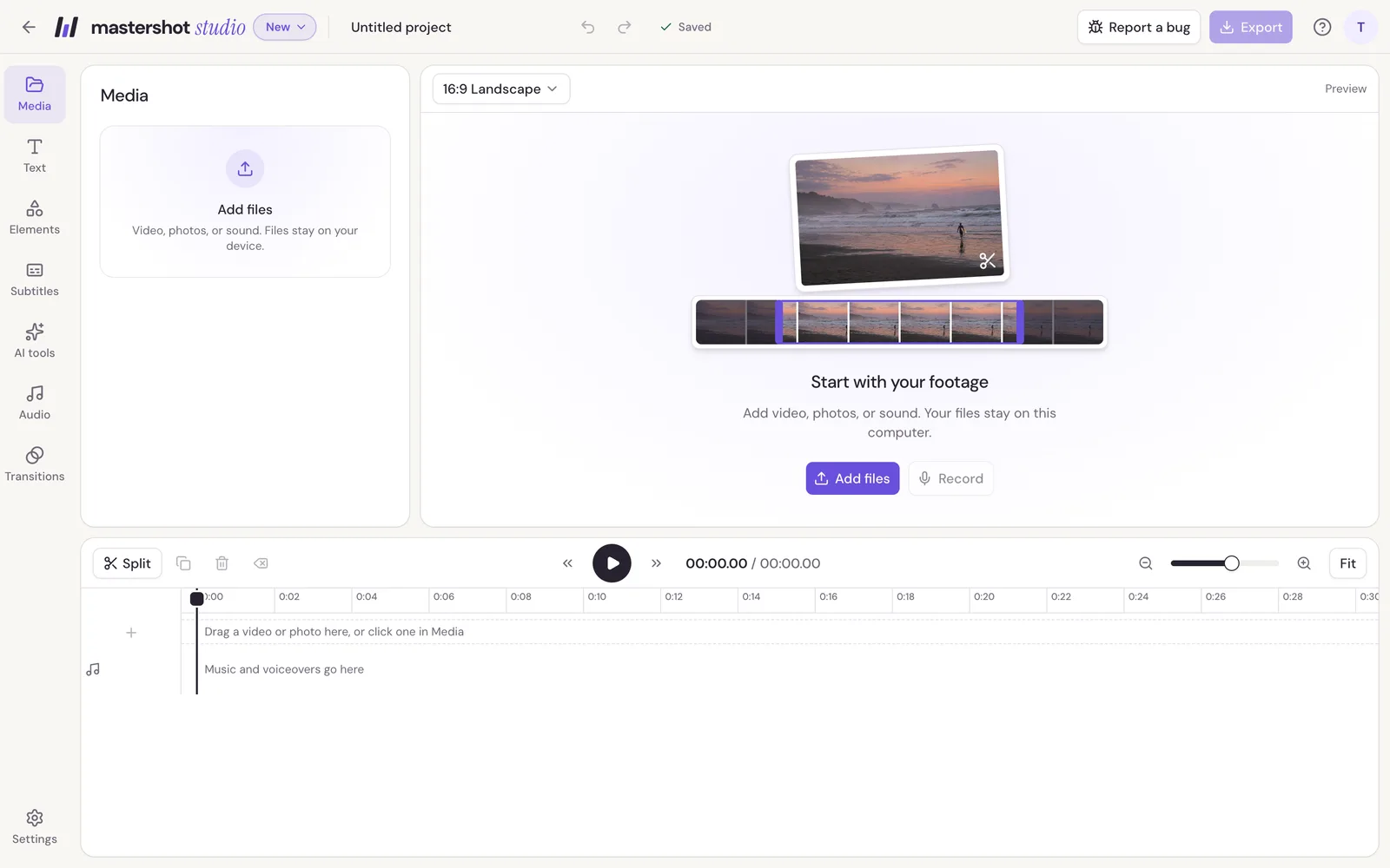 A new, empty project in Studio, asking for footage with an Add files button in the middle of the preview