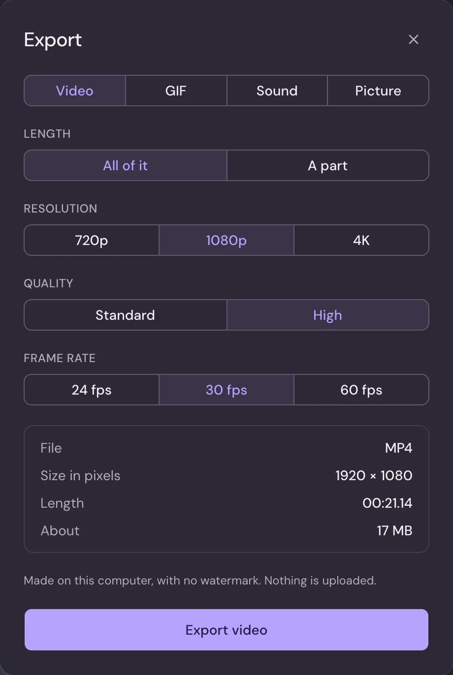 Studio's Export dialog with Video chosen, the resolution, quality, frame rate and length settings, and an estimate of the file size