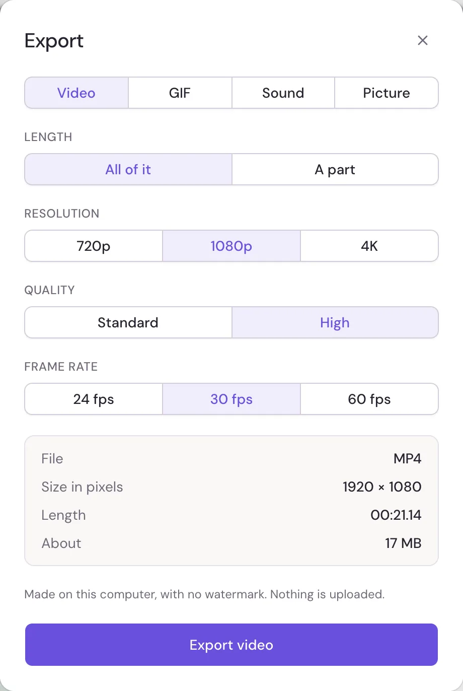 Studio's Export dialog with Video chosen, the resolution, quality, frame rate and length settings, and an estimate of the file size