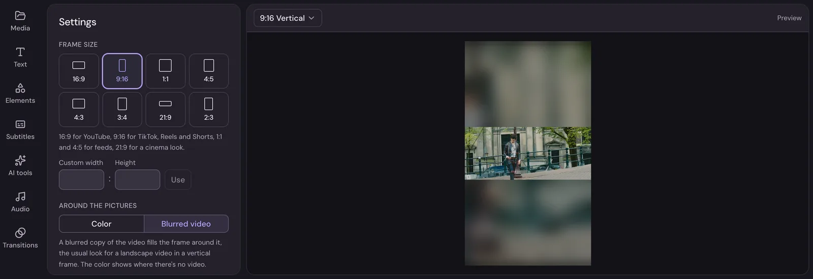 Studio's Settings panel with the frame size set to 9:16, and a landscape video in a vertical frame with a blurred copy of it filling the space above and below