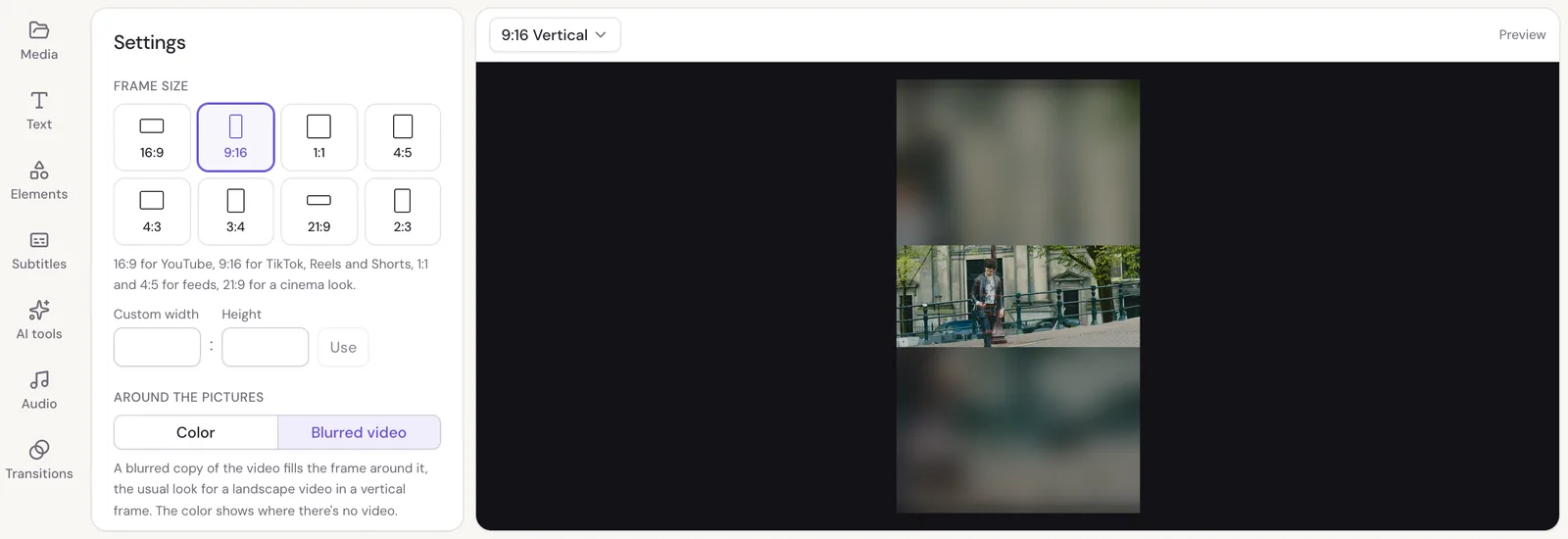 Studio's Settings panel with the frame size set to 9:16, and a landscape video in a vertical frame with a blurred copy of it filling the space above and below