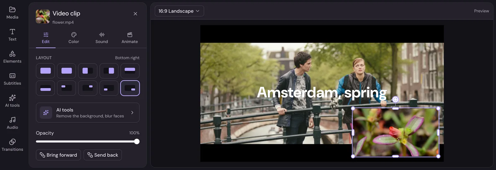 A video of a flower in the bottom-right corner on top of a bridge scene, with the Layout choices in the panel