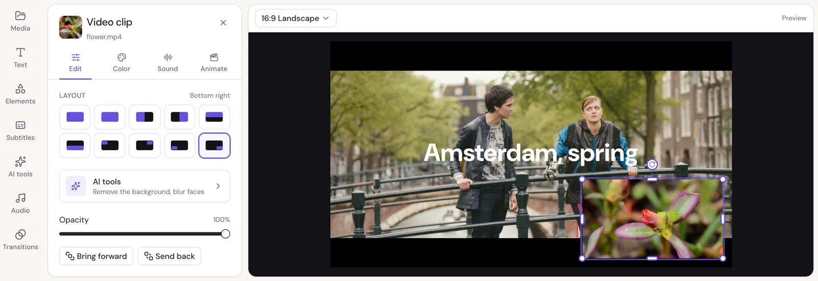 A video of a flower in the bottom-right corner on top of a bridge scene, with the Layout choices in the panel