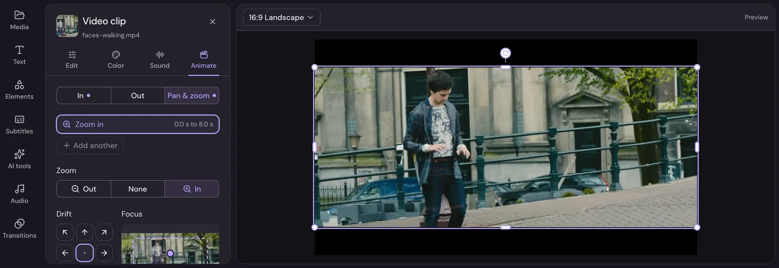 The Pan & zoom settings for a clip: a slow move with zoom, drift directions, focus, how far and pace