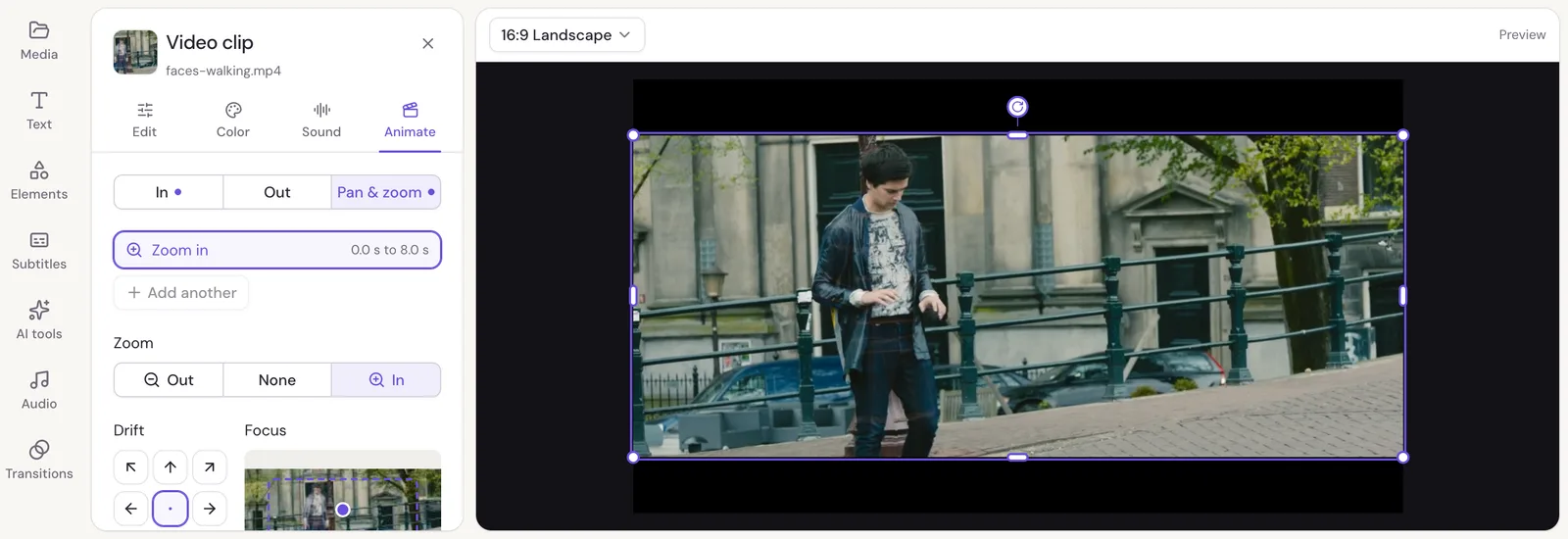 The Pan & zoom settings for a clip: a slow move with zoom, drift directions, focus, how far and pace