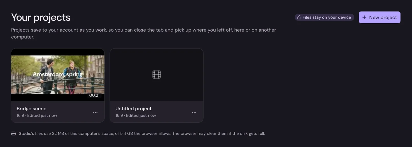 Studio's projects page with a project card showing its first frame, its shape and when it was last edited