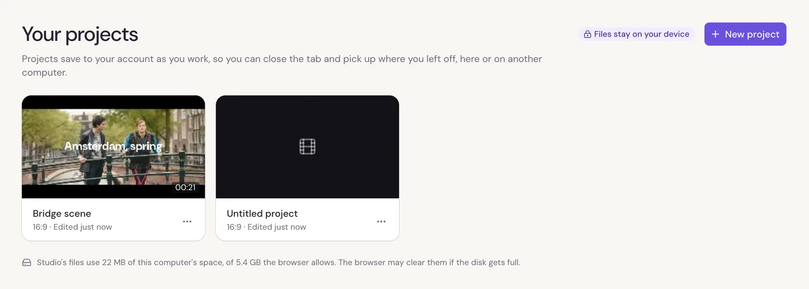 Studio's projects page with a project card showing its first frame, its shape and when it was last edited