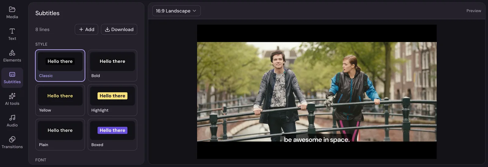 Subtitles on a video in Studio, with the list of lines in the panel and style, font, size and position settings