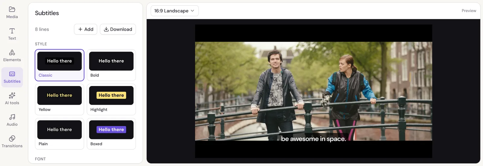 Subtitles on a video in Studio, with the list of lines in the panel and style, font, size and position settings