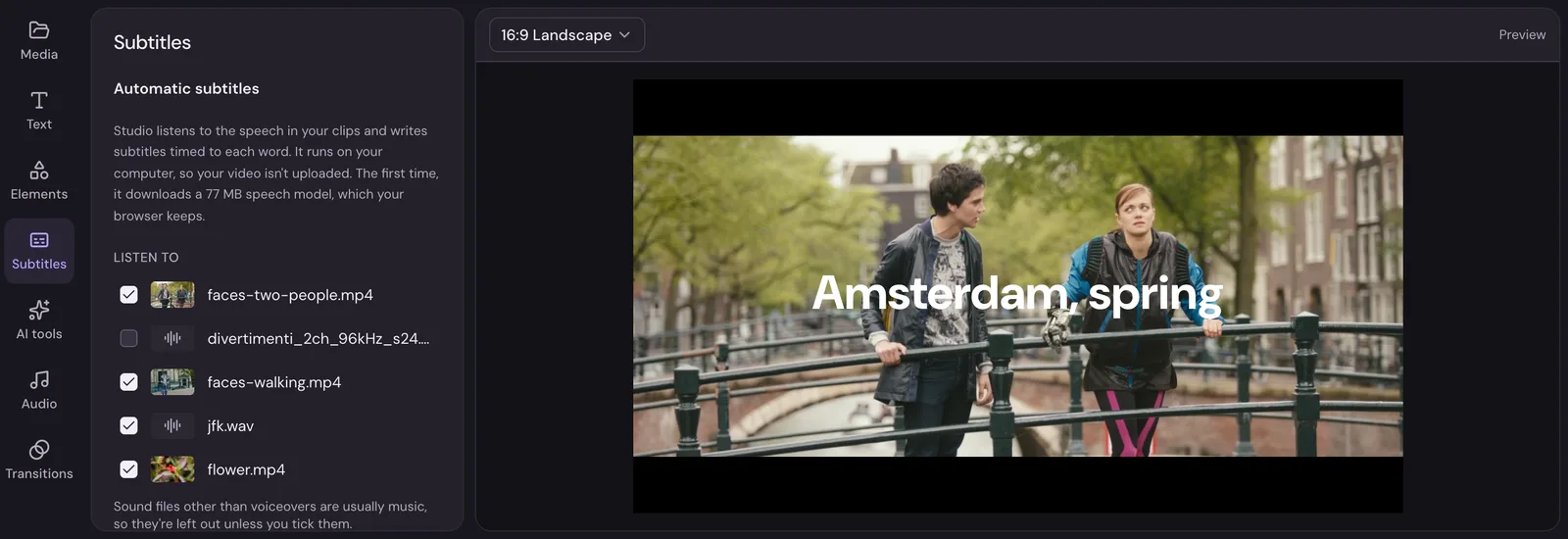 Studio's Subtitles panel: files to listen to, the language spoken, subtitle styles, and the Make subtitles button
