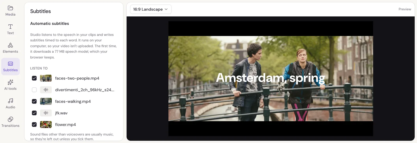 Studio's Subtitles panel: files to listen to, the language spoken, subtitle styles, and the Make subtitles button