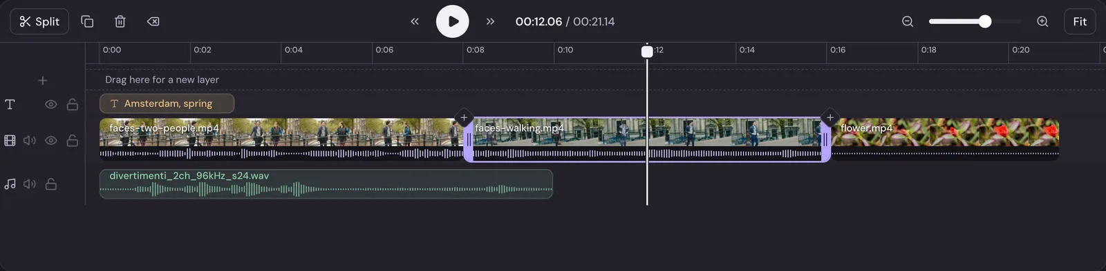 Studio's timeline with a title on the top row, three video clips on the row below it, one of them selected with handles on its ends, and music in the sound band at the bottom
