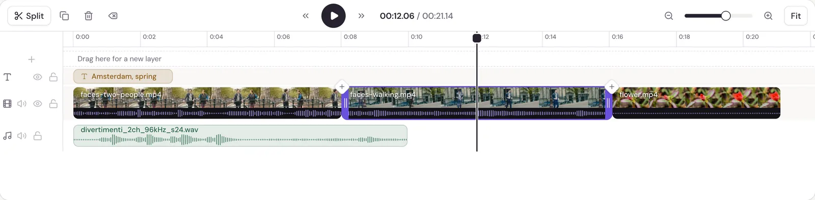 Studio's timeline with a title on the top row, three video clips on the row below it, one of them selected with handles on its ends, and music in the sound band at the bottom