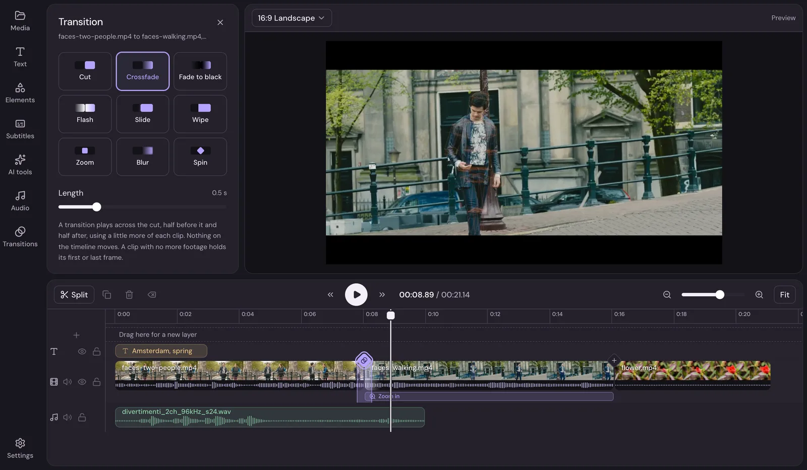 A crossfade chosen between two clips: the transition choices in the panel, and the transition's band across the cut on the timeline