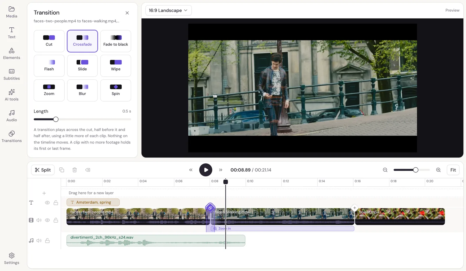 A crossfade chosen between two clips: the transition choices in the panel, and the transition's band across the cut on the timeline